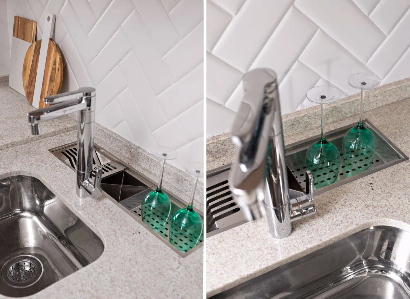 Torneira, monocomando e pot filler: arquiteta explica como fazer a melhor escolha para cozinhas e lavanderias. Projeto de Juliana Faria. Na foto, bancada de cozinha com pia de inox, torneira cromada e escorredor embutido.