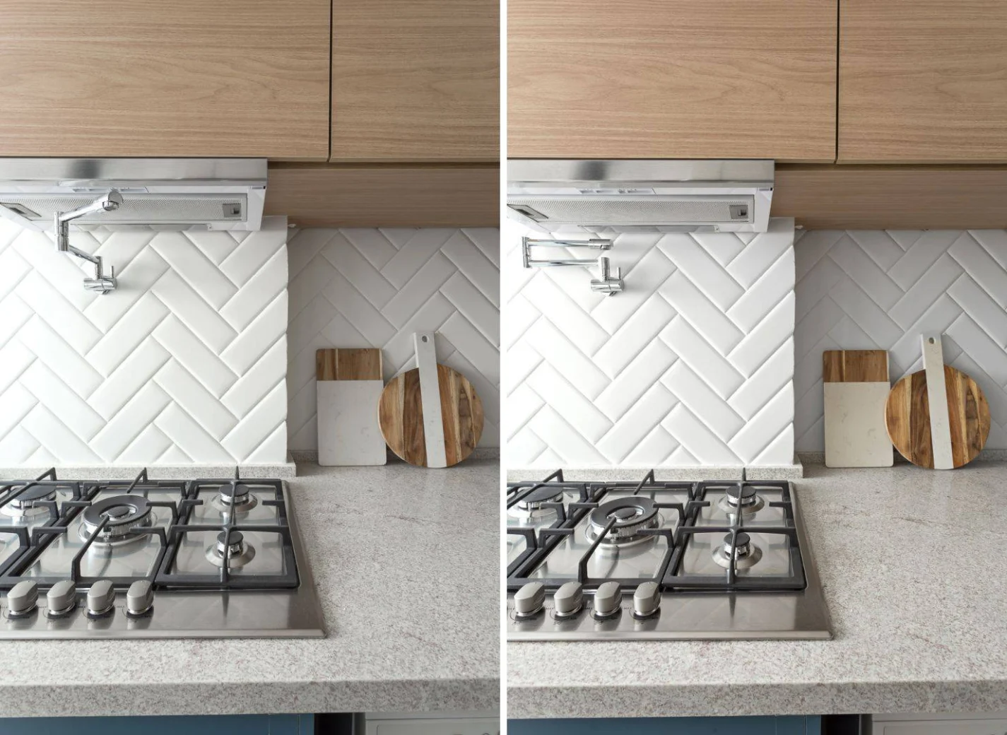 Torneira, monocomando e pot filler: arquiteta explica como fazer a melhor escolha para cozinhas e lavanderias. Projeto de Juliana Faria. Na foto, cozinha moderna com torneira articulada sobre fogão de cinco bocas.